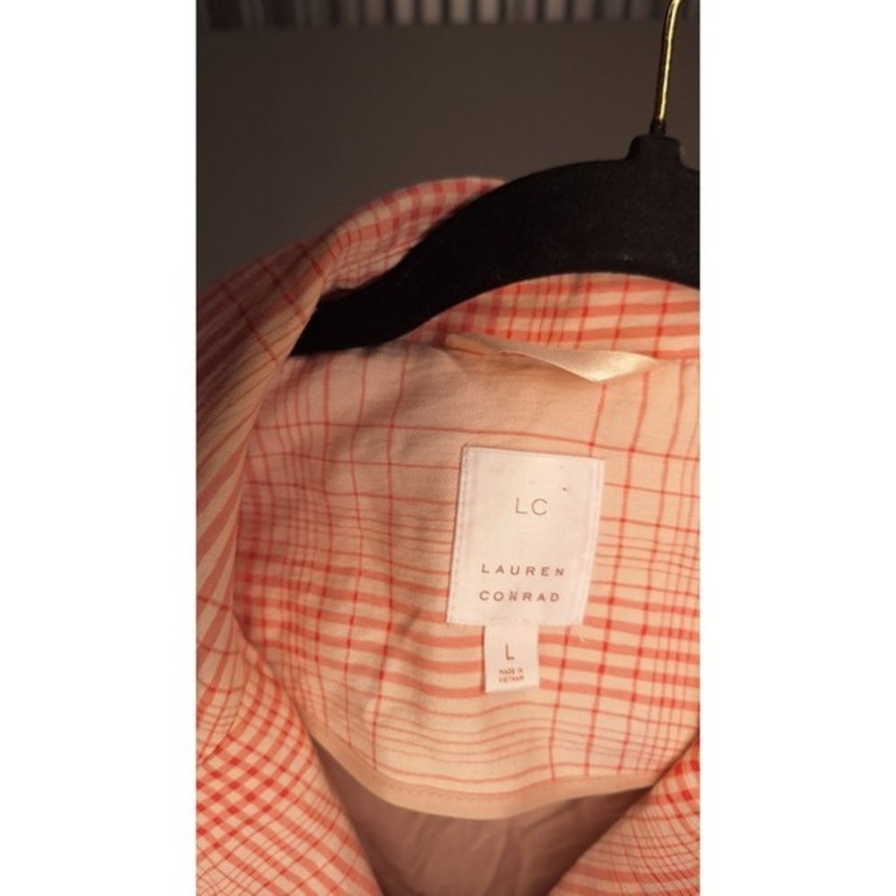 LC Lauren Conrad Womens Coral Plaid Lightweight Trench Coat Large - Picture 3 of 9